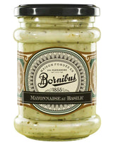 Bornibus Basilikum-Mayonnaise im Glas mit schwarzem Schraubdeckel.