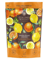 Nachfüllpack refill flüssigseife duftrichtung zitrusfruechte von collines de provence vorderansicht vor weißem hintergrund