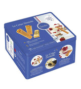 Gavottes Crêpe Dentelle Waffelröllchen in blauer Vorratsdose mit knusprigen Waffelröllchen und Serviervorschlägen für Desserts.