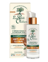 Le Petit Olivier Anti-Aging Gesichts- und Augenkonturserum mit Bio-Arganöl und Verpackung