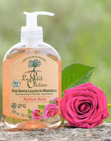 Le Petit Olivier flüssige Marseiller Seife Rose mit Pumpspender und rosafarbener Rose