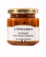 L'Épicurien Antipasti mit zweierlei Tomaten im Glas mit goldfarbenem Schraubdeckel.