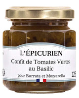 L'Épicurien Confit aus grünen Tomaten mit Basilikum für Burrata und Mozzarella im Glas mit goldfarbenem Schraubdeckel