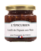 L'Épicurien Confit aus Feigen mit Walnüssen für Ziegenkäse im Glas mit goldfarbenem Schraubdeckel.