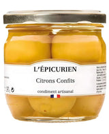 L'Épicurien eingelegte Zitronen im Glas mit silberfarbenem Schraubdeckel und ganzen eingelegten Zitronen.