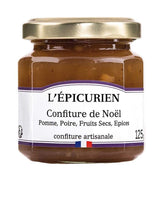L'Épicurien Weihnachtskonfitüre mit Apfel, Birne, Trockenfrüchten und Gewürzen im Glas mit goldfarbenem Schraubdeckel.