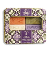 La Maison du Savon de Marseille Geschenkset mit vier Duftseifen Orangenblüte, Olivenöl, Eselsmilch und Lavendel in Metalldose