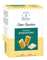 Maison Gavottes Crêpe Apéritif Roquefort in weiß-gelber Verpackung mit zwei knusprigen Crêpe-Röllchen und Roquefort-Käse