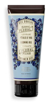 duschgel in plastiktube mit blauem irisblütenblätter von dem hersteller panier des sens