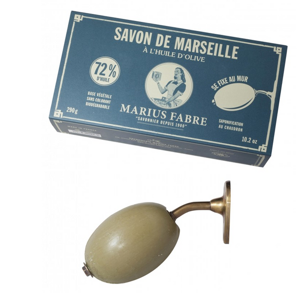 Nostalgischer Wand-Seifenhalter aus Messing mit Seife aus 72% Olivenöl (290 g) - Marius Fabre