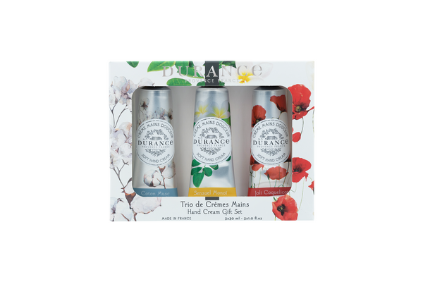 Geschenkbox Trio Handcreme Baumwoll-Moschus, Monoi, Mohnblüte