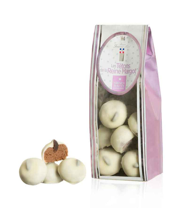Mandelpraliné mit Orange & weissem Schokoladenüberzug Les Tétons 135 g
