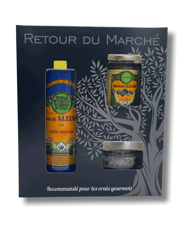 Geschenkbox 'Retour du Marché Vienne' mit Olivenöl Cuvée Prestige, Oliven-Tapenade & Salz mit Kräutern der Provence