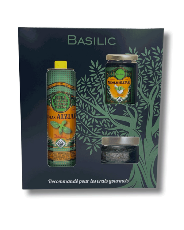 Geschenkbox 'Retour du Marché Basilikum' mit Basilikum-Olivenöl, Pesto & Salz mit Kräutern der Provence