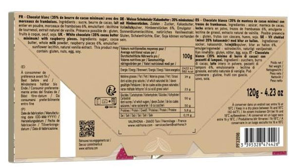 Weiße Schokoladentafel mit Himbeerstückchen 35% Kakao 120 g