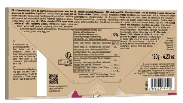Weiße Schokoladentafel mit Himbeerstückchen 35% Kakao 120 g