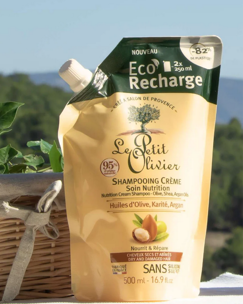 Öko-Nachfüllpackung Shampoo für trockenes & geschädigtes Haar Olive, Shea, Argan 500 ml - Le Petit Olivier