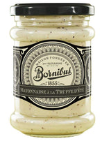 Bornibus Mayonnaise mit Sommertrüffel im Glas mit schwarzem Schraubdeckel.
