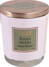 Collines de Provence Duftkerze Leinenstola mit 180 g pflanzlichem Wachs im Glas und kupferfarbenem Metalldeckel.