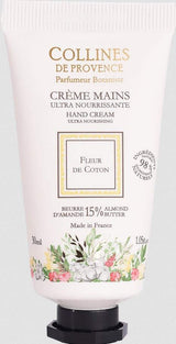 Collines de Provence Handcreme Baumwollblüte mit 15 % Mandelbutter für intensive Pflege und geschmeidige Hände.
