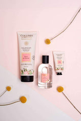 Collines de Provence Pflegeset Rose von Grasse mit Duschgel, Eau de Toilette und Handcreme in dekorativer Arrangementaufnahme.