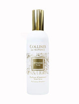 Collines de Provence Raumspray Pfingstrose in weißer Flasche mit goldfarbenem Verschluss und floral gestaltetem Etikett als Freisteller auf hellem Hintergrund.