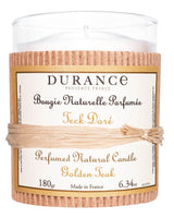 Durance Duftkerze Golden Teak im Glas mit naturfarbenem Etikett und Bastband 180 g Duftkerze aus Frankreich frontal