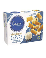 Gavottes Crêpes Apéritives mit Ziegenkäse und Madagaskar-Pfeffer 110 g in weiß-blauer Verpackung mit knusprigen Crêpe-Röllchen, Ziegenkäse und schwarzen Pfefferkörnern.