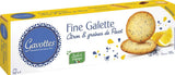Gavottes Fine Galette mit Zitrone und Mohn in gelb-weißer Verpackung mit zwei dünnen Butterkeksen, Zitronenspalten und Mohnsamen.