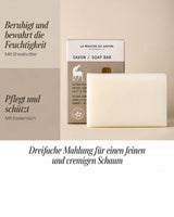 La Maison du Savon de Marseille Seife mit Eselsmilch und Sheabutter – Produktdarstellung mit Verpackung und Pflegeeigenschaften.
