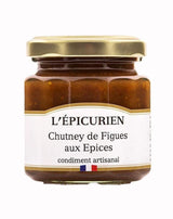 L'Épicurien Feigen-Chutney mit Gewürzen im Glas mit goldfarbenem Schraubdeckel.