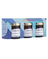 L'Épicurien Feinkost-Geschenkset mit drei Käsebegleitern: Feigen-Confit mit Walnüssen, Himbeer-Paprika-Confit mit Cayennepfeffer und Schwarzkirsch-Confit, je 3 × 50 g.