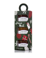 L'Épicurien Weihnachts-Geschenkset mit drei Gläsern: Weihnachts-Confit, Clementinen-Aufstrich mit Lebkuchengewürz und Maronencreme in dekorativer Geschenkverpackung.