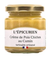 L'Épicurien Kichererbsencreme mit Kreuzkümmel im Glas mit goldfarbenem Schraubdeckel.