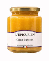 L'Épicurien Kokos-Passionsfrucht-Creme im Glas mit goldfarbenem Schraubdeckel.