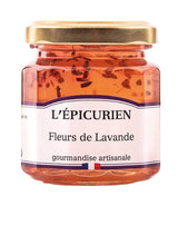 L'Épicurien Lavendelblüten-Gelee im Glas mit goldfarbenem Schraubdeckel.