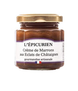 L'Épicurien Maronencreme mit Kastanienstückchen im Glas mit goldfarbenem Schraubdeckel.