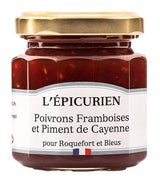 L'Épicurien Paprika, Himbeere und Cayennepfeffer für Roquefort und Blauschimmelkäse im Glas mit goldfarbenem Schraubdeckel.