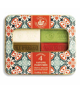 La Maison du Savon de Marseille Geschenkset mit vier Duftseifen Eselsmilch, Verveine, Arganöl und Walderdbeere in Metalldose