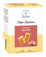 Maison Gavottes Crêpe Apéritif Bacon in weiß-gelber Verpackung mit zwei knusprigen Crêpe-Röllchen und Bacon
