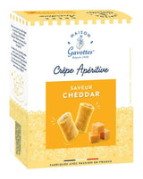 Maison Gavottes Crêpe Apéritif Cheddar 110 g in weiß-gelber Verpackung mit zwei knusprigen Crêpe-Röllchen und Cheddar-Käsewürfeln.