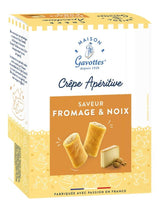 Maison Gavottes Crêpe Apéritif Käse & Walnuss 110 g in weiß-gelber Verpackung mit zwei knusprigen Crêpe-Röllchen, einem Stück Käse und Walnüssen.