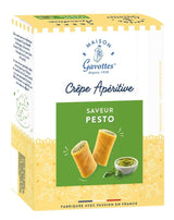 Maison Gavottes Crêpe Apéritif Pesto 110 g in weiß-gelber Verpackung mit zwei knusprigen Crêpe-Röllchen und einer Schale Pesto.