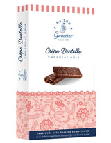 Maison Gavottes Crêpe Dentelle Zartbitterschokolade in weiß-rosa Verpackung mit zwei Schokoladenwaffelröllchen