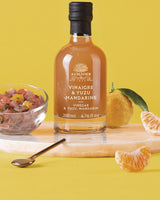 essig in glasflasche von a l'olivier auf edler platter mit mandarinenstückchen und thunfisch cerviche mediterrane Atmosphäre vor gelbem Hintergrund