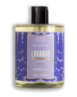 Panier des Sens Duschgel Lavendel  500ml in transparenter Flasche mit lavendelfarbenem Etikett auf hellem Hintergrund. 