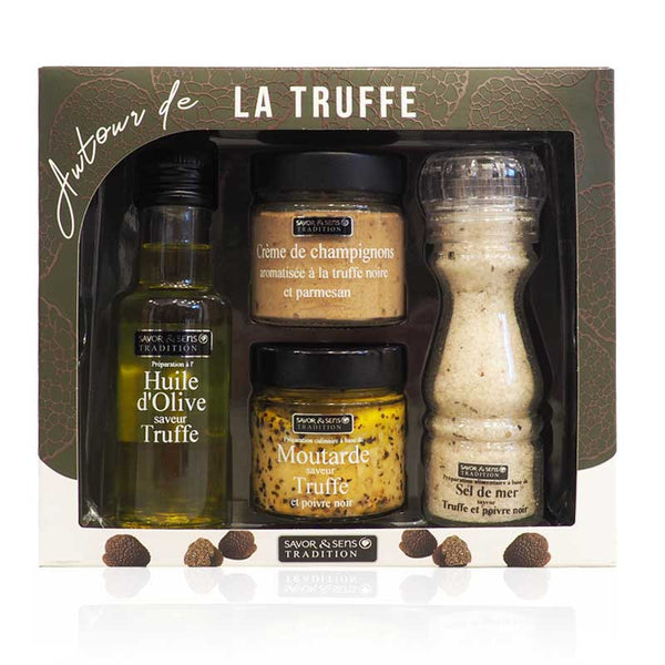 Geschenkbox 'Rund um Trüffel' mit Olivenöl, Senf, Meersalz und Champignon-Trüffel-Creme - Savor et Sens