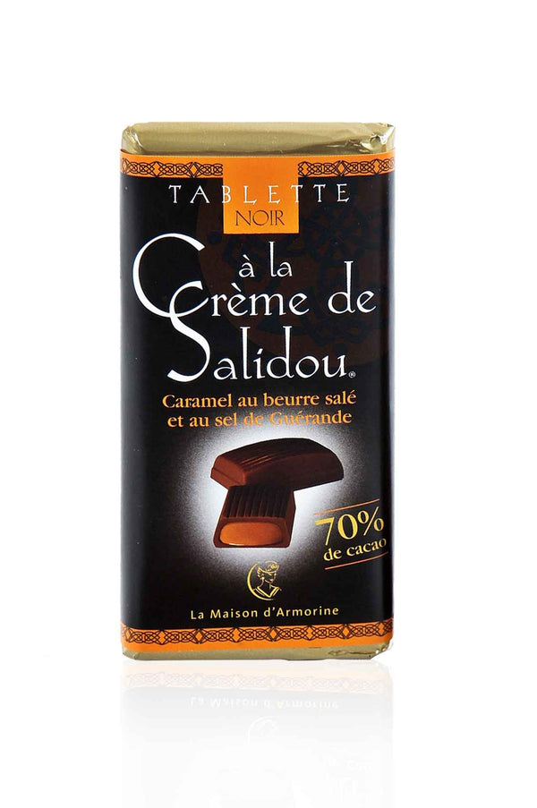 Zartbitter-Schokoladentafel mit Karamellcreme-Füllung und 70% Kakao 47 g - La Maison d'Armorine     MHD: 28.06.2022