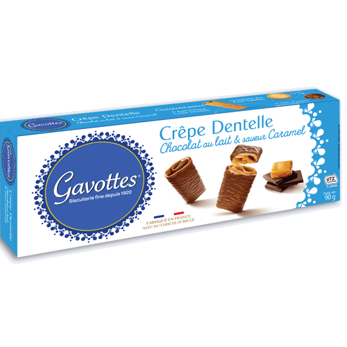 Waffelröllchen (Crêpe Dentelle) mit Vollmilchschokolade und Karamell 90 g - Gavottes
