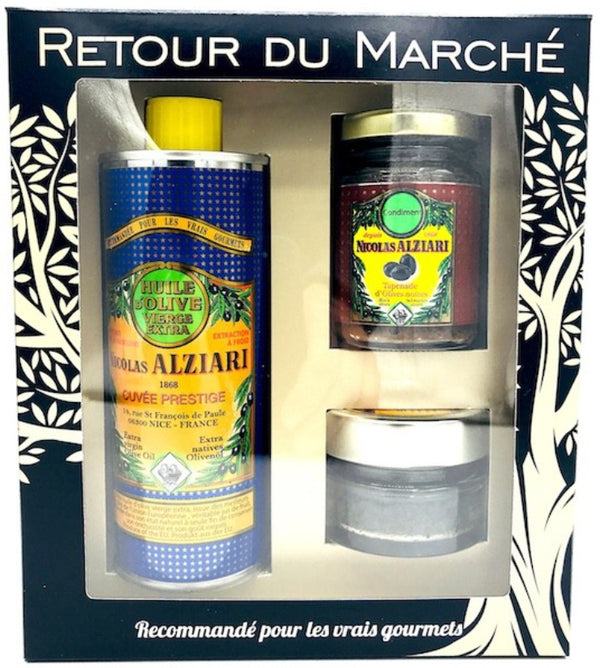 Geschenkbox 'Retour du Marché Vienne' mit Olivenöl Cuvée Prestige, Oliven-Tapenade und Salz mit Kräutern der Provence - Nicolas Alziari